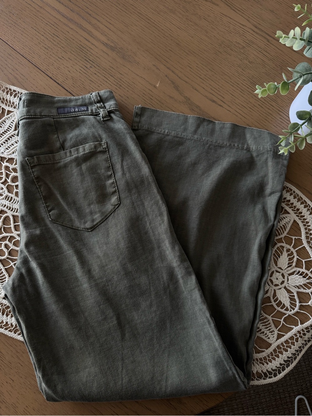 Level 99 Linen blend  Wide Leg Pants Size 24 Olive Green Herringbone
